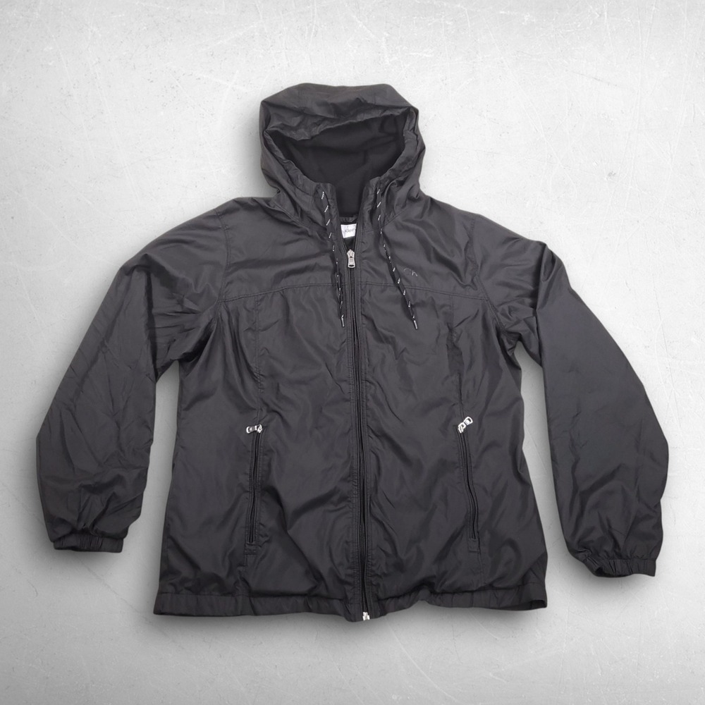 Calvin Klein Hooded Windbreaker Jacket Women M Black Full Zip Logo Lightweight